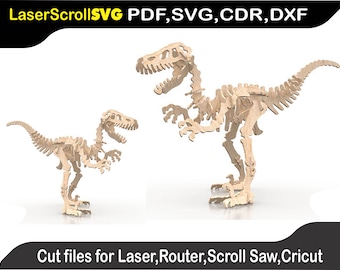 Fichier de modèle numérique de modèle de dinosaure Velociraptor pour Laser SVG DXF CDR Glowforge Scroll Saw, Plasma Cricut Silver Bullet, Puzzle 3D