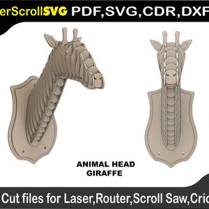 May include: Two beige giraffe head wall art pieces. One shows the giraffe's head in profile, the other head-on. The text "ANIMAL HEAD GIRAFFE" is below the images. The text "Cut files for Laser, Router, Scroll Saw, Cricut" is at the bottom.