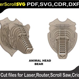 May include: Two bear head designs, cut from layered wood, are displayed. The text "ANIMAL HEAD BEAR" is below the images. The top of the image reads "LaserScrollSVG PDF, SVG, CDR, DXF". The bottom of the image reads "Cut files for Laser, Router, Scroll Saw, Cricut".