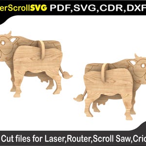May include: Two wooden cow cutouts with a simple design. The cows are facing right and have a hole in the back for hanging. The cutouts are made for laser cutting, router cutting, scroll saw cutting, and Cricut cutting.