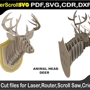 May include: Two decorative deer head wall mounts. The deer heads are constructed from layered, light brown material with a gold-colored border. The image includes the text "ANIMAL HEAD DEER" and "Cut files for Laser, Router, Scroll Saw, Cricut."