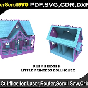May include: Two dollhouse models in the image. One is fully assembled, the other is a cut-out. Both are in shades of blue and purple. Text on the image reads "LaserScrollSVG PDF, SVG, CDR, DXF" and "RUBY BRIDGES LITTLE PRINCESS DOLLHOUSE".