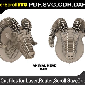 May include: Two views of a 3D ram head design, suitable for laser cutting. The design is in shades of beige and brown, with the text "ANIMAL HEAD RAM" and "Cut files for Laser, Router, Scroll Saw, Cricut". The image also includes the text "LaserScrollSVG PDF, SVG, CDR, DXF".