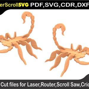 Puede incluir: Dos recortes de escorpión de madera, uno mirando hacia la izquierda y otro hacia la derecha. Los escorpiones están detallados con cuerpos y patas segmentados. La imagen incluye el texto "LaserScrollSVG PDF, SVG, CDR, DXF" y "Cut files for Laser, Router, Scroll Saw, Cricut".