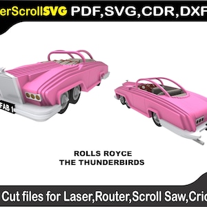 May include: Two pink Rolls Royce Thunderbird car cut files. The cars have a white base and a silver grill. The text "FAB 1" is on the front and back of the cars. The text "LaserScrollSVG PDF, SVG, CDR, DXF" is at the top.