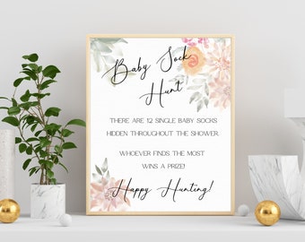 Watercolor Floral Baby Shower Sock Hunt Poster | Template | Customizable | Baby in Bloom | Baby Shower Games