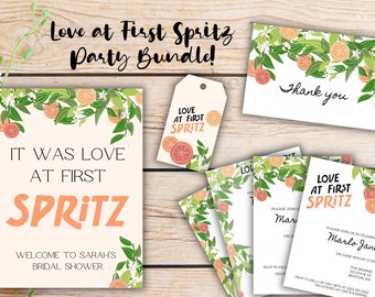 Love at First Spritz Bridal Shower Party Bundle | Invitation | Wedding Template | Aperol Spritz | Citrus Theme | Gift Tag | Poster