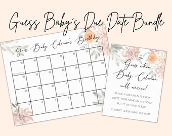 Watercolor Floral Baby Shower Guess Baby's Birthday Calendar Poster and Sign | Template | Customizable | Baby in Bloom | Baby Shower Games