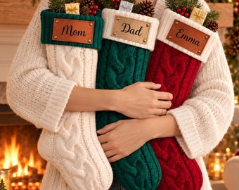 Personalized Family Christmas Stockings, Custom Knit Stocking with Leather Name Patch, Matching Pet Dog Bone Stocking, Mantel Decor Gift