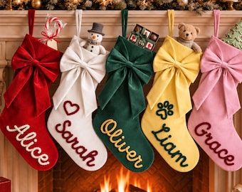 Custom Velvet Christmas Stocking with Bow, Personalized Embroidered Stockings for Family Kids, Holiday Mantel Decor, Christmas Gift for Her