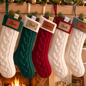 Personalized Family Stockings with Leather Name Patch, Matching Knit Christmas Stocking and Pet Bone Stocking, Holiday Gift for New Home