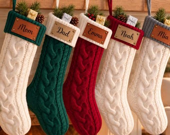 Personalized Family Stockings with Leather Name Patch, Matching Knit Christmas Stocking and Pet Bone Stocking, Holiday Gift for New Home