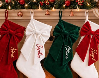 Personalized Velvet Christmas Stocking with Name, Oversized Bow Embroidered Stocking, Custom Family Xmas Mantel Decor, A Christmas Gift