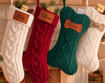 Custom Family Christmas Stockings with Name, Knit Stocking and Dog Bone Pet Stocking, Matching Fireplace Decor, Christmas Gift for Family