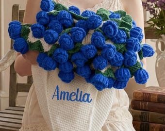 Customized Knitted Rose Bouquet Blanket, Handmade Crochet Bouquet Blanket, Rose Bunch Blanket, Knitted Bouquet, Birthday and Wedding Gift