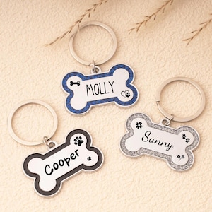 Dog ID Tag Custom Engraved Personalized Name & Text,Glitter Bone Shape Pet Tag for Dogs Cats,Dog Name Tags，Dog Collar Tag, Puppy Dog Tag