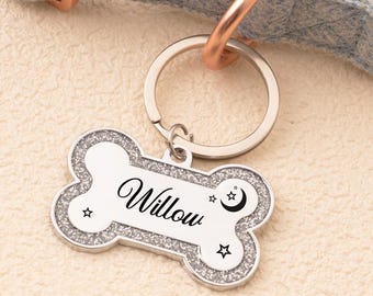 Personalized Stainless Steel Dog Tag Engraved,Cute Bone ID Tag for Pets,Glitter Bling Dog Collar Tag Custom Name Phone Number for Dogs Cats