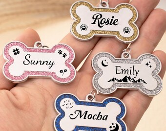 Custom Engraved Dog ID Tag Personalized Name Text,Shiny Glitter Bone Pet Tag for Collar,Cute Dog Tag Personalized for Dog,Dog Collar Tag