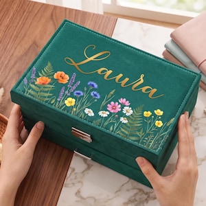 Può includere: Un portagioie verde acqua con il nome "Laura" in oro. La scatola è decorata con un motivo floreale con papaveri arancioni, lavanda viola e altri fiori colorati. La scatola è tenuta tra le mani.