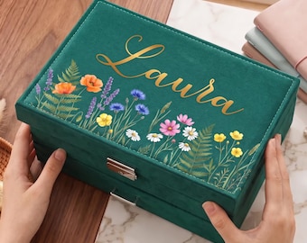 Custom Large Jewelry Box, Birth Flower Velvet Organizer with Drawer, Name Jewelry Case, Necklace Ring Storage, Jewelry Display, Gift for Her