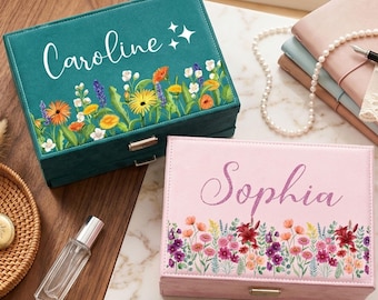 Custom Large Velvet Jewelry Box, Birth Flower Jewelry Case with Drawer, Personalized Jewelry Organizer, Jewelry Storage Box with Name, Gift