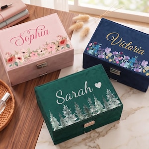 Personlig smyckeskrin, Stor sammetslåda med låda, Smyckeskrin med blommor, Brudtärnepresent, Födelsedagspresent till henne, Jul-DE
