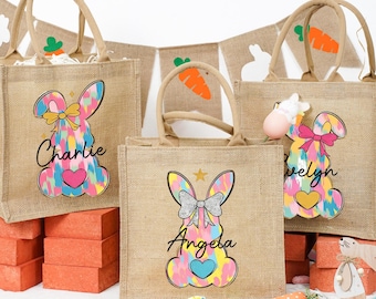 Easter Bunny Bag with Name, Personalized Jute Tote Bag, Durable Kids Egg Hunt Bag, Easter Storage & Gift Bag, Eco-Friendly Easter Basket