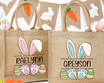 Personalized Easter Bunny Bag with Kids Name,Custom Jute Egg Hunt Tote,First Easter Bag for Baby,Easter Gift,Personalized Easter Basket Bag