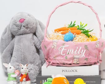 Forro de cesta de Páscoa personalizado, design de seersucker com padrão de coelho, forro de tamanho ajustável com nome personalizado, presentes de Páscoa, decoração de feriado de primavera