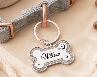 Placa de identificación para perro con nombre y texto personalizados grabados, placa con forma de hueso brillante para perros y gatos, placas con nombre, placa para collar y placa para cachorro.