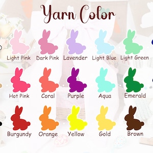 May include: A colour chart with the text "Yarn Color" above a grid of bunny silhouettes in various colours. Colours include white, pink, purple, blue, green, brown, and more. Each bunny has a colour name below it.