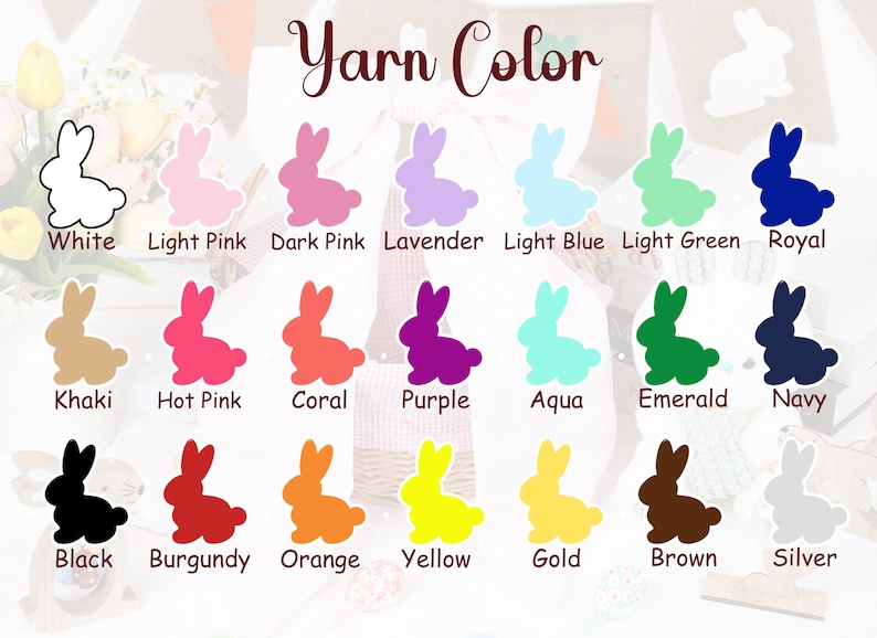 May include: A colour chart with the text "Yarn Color" above a grid of bunny silhouettes in various colours. Colours include white, pink, purple, blue, green, brown, and more. Each bunny has a colour name below it.