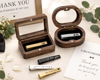 Custom Tie Clip and Walnut Wooden Box, Personalized Groomsmen Gift Set, Engraved Initials Tie Bar, Wedding Keepsake Gift for Groom Men