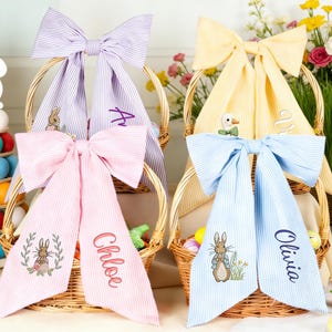 Personalized Seersucker Easter Basket Bow, Monogrammed Bunny Design, Easter Basket Decoration, Kids Gift, Spring Bunny Accessory image 2