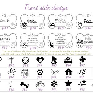Puede incluir: Placas de identificaci&oacute;n para mascotas en forma de hueso con varios dise&ntilde;os y texto. Las etiquetas presentan nombres como "Dumbo" y "Rocky", junto con n&uacute;meros de tel&eacute;fono. Los iconos adicionales incluyen huellas de patas, corazones y flores. Las etiquetas son para mascotas.