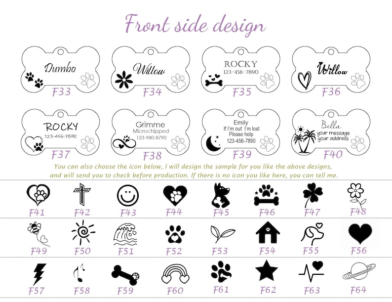 Puede incluir: Placas de identificaci&oacute;n para mascotas en forma de hueso con varios dise&ntilde;os y texto. Las etiquetas presentan nombres como "Dumbo" y "Rocky", junto con n&uacute;meros de tel&eacute;fono. Los iconos adicionales incluyen huellas de patas, corazones y flores. Las etiquetas son para mascotas.