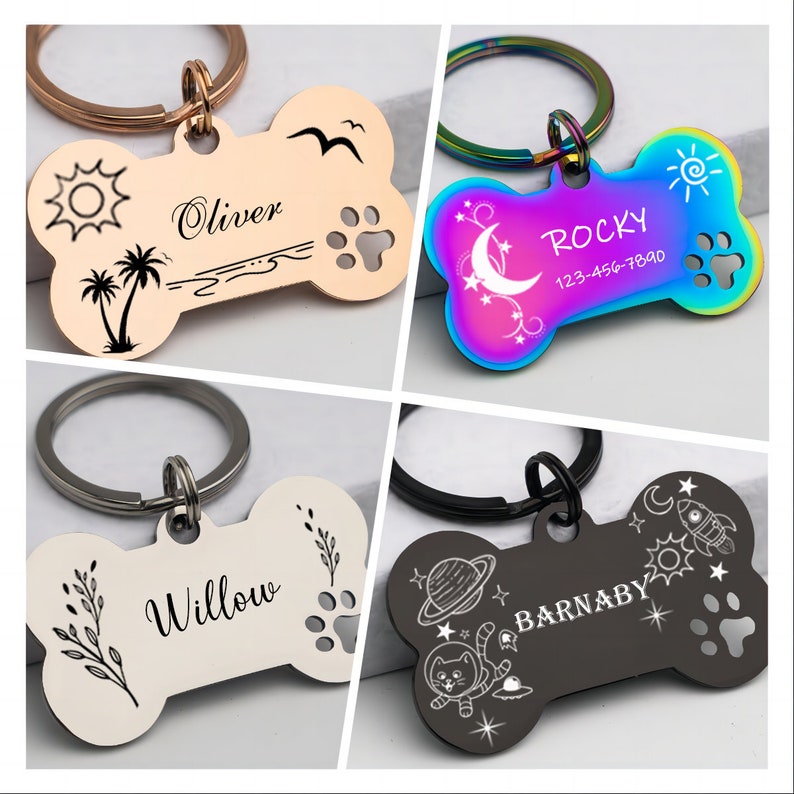 Personalized Metal ID Tag for PetEngraved Dog Name TagsDog Tags for DogsStainless Steel Bone Dog Tag, Rose Gold Black Rainbow dog tag zdjęcie 1