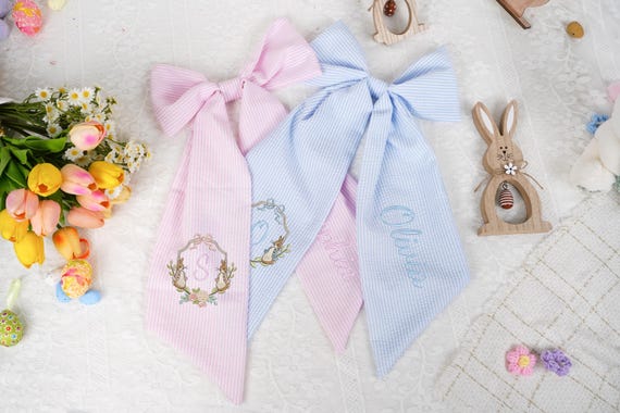 Personalized Seersucker Easter Basket Bow, Monogrammed Bunny Design, Easter Basket Decoration, Kids Gift, Spring Bunny Accessory