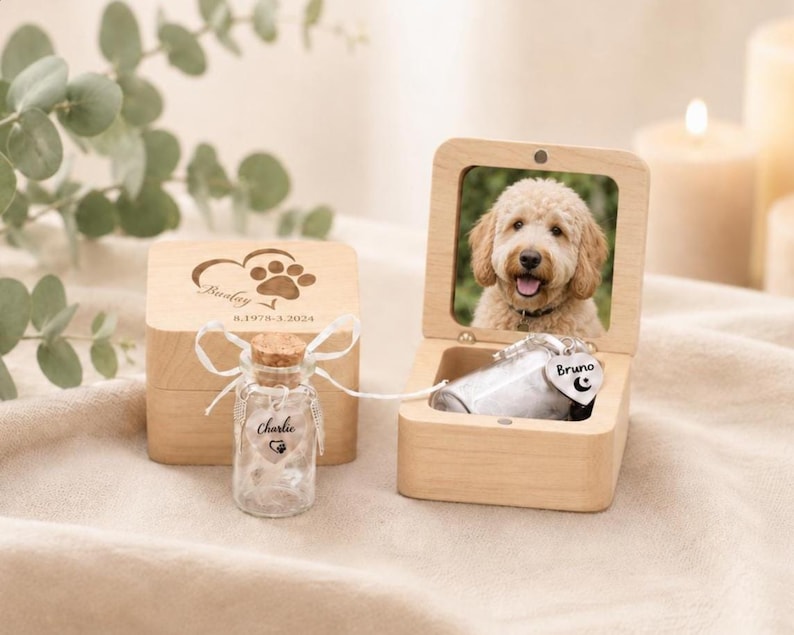 Memorial de madeira artesanal para animais de estimação, caixa personalizada para guardar cinzas de animais de estimação, presente personalizado para perda de cães e gatos, lembrança em memória do animal de estimação, presente de condolências para animais de estimação. imagem 3