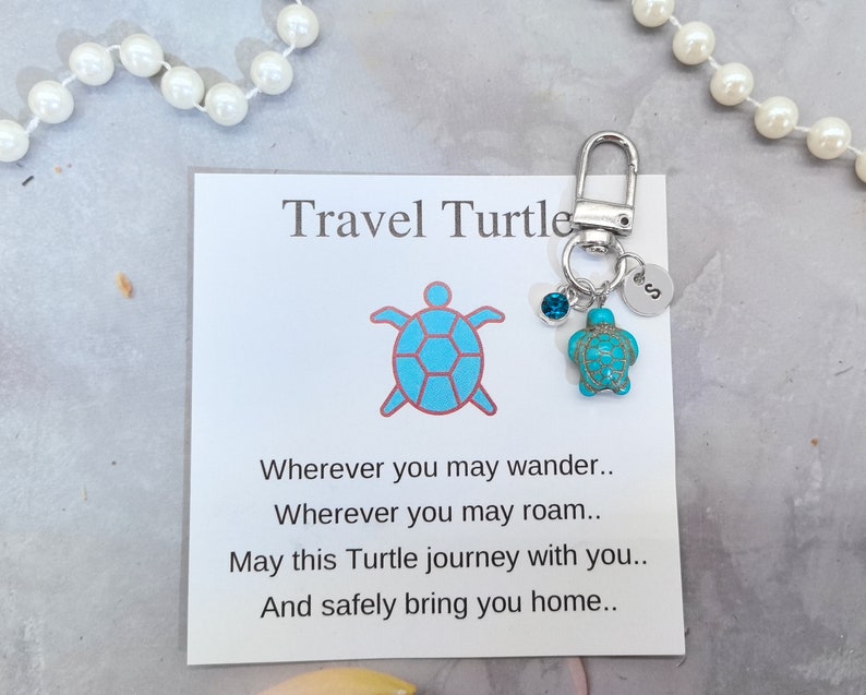 Llavero de tortuga de viaje personalizado con letra y piedra de nacimiento, llavero de tortuga, amuleto de buena suerte de viaje, viajes seguros, encanto de bolsa de tortuga imagen 5