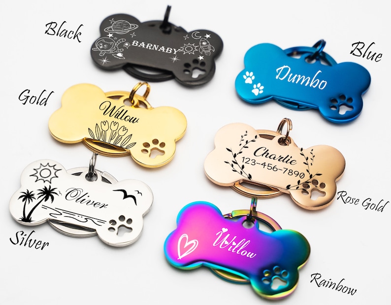 Personalized Metal ID Tag for PetEngraved Dog Name TagsDog Tags for DogsStainless Steel Bone Dog Tag, Rose Gold Black Rainbow dog tag zdjęcie 9