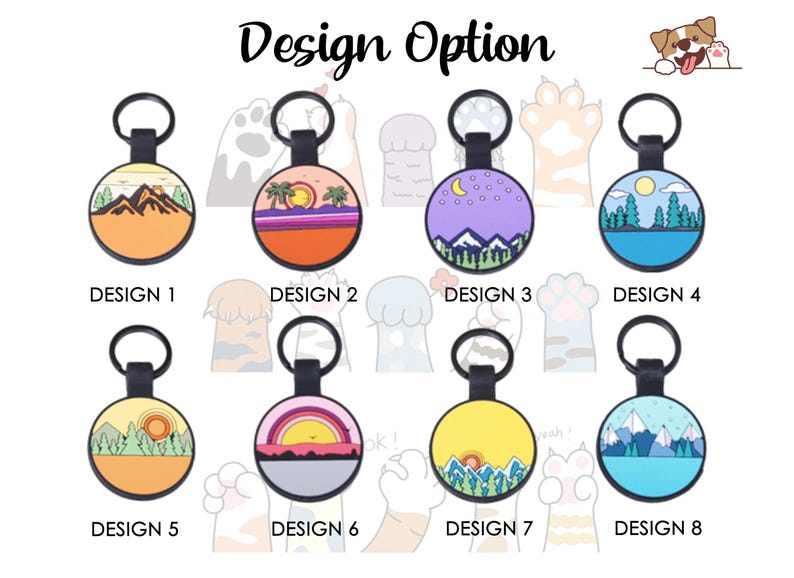 Puede incluir: Una colecci&oacute;n de ocho dise&ntilde;os redondos de etiquetas para mascotas, cada uno con una escena de paisaje diferente. Los dise&ntilde;os incluyen monta&ntilde;as, puestas de sol, palmeras y noches estrelladas. Cada etiqueta tiene un lazo negro para sujetar y el texto "Design Option" en la parte superior.