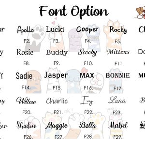 Puede incluir: Un fondo blanco muestra un gr&aacute;fico de "Opci&oacute;n de fuente" con una ilustraci&oacute;n de perro. El texto enumera 30 nombres en varias fuentes, incluyendo "Skyler", "Apollo", "Lucki" y "Cooper", cada uno con un n&uacute;mero de fuente.
