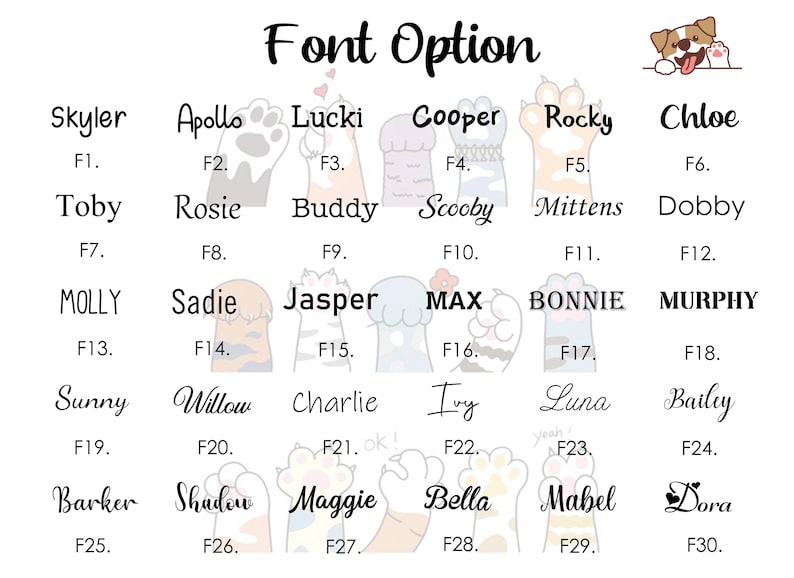 Puede incluir: Un fondo blanco muestra un gr&aacute;fico de "Opci&oacute;n de fuente" con una ilustraci&oacute;n de perro. El texto enumera 30 nombres en varias fuentes, incluyendo "Skyler", "Apollo", "Lucki" y "Cooper", cada uno con un n&uacute;mero de fuente.