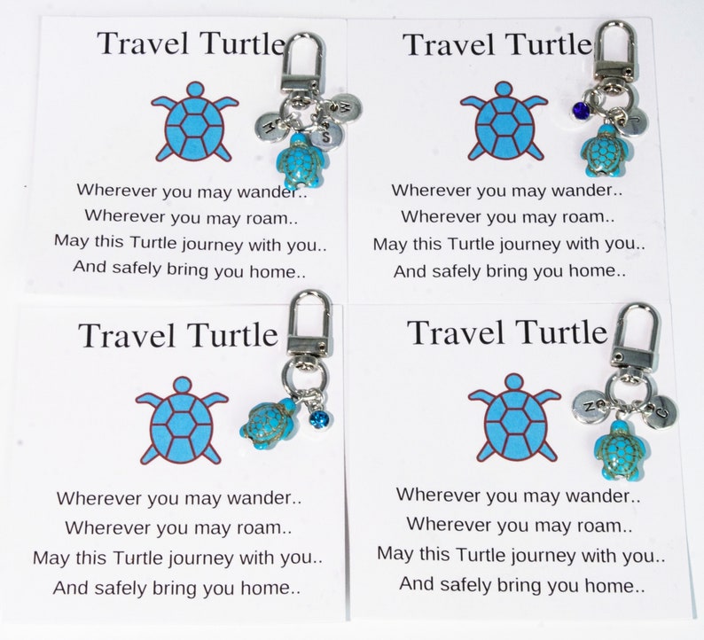 Llavero de tortuga de viaje personalizado con letra y piedra de nacimiento, llavero de tortuga, amuleto de buena suerte de viaje, viajes seguros, encanto de bolsa de tortuga imagen 2