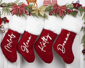 2026 Personalized Red Velvet Plush Christmas Stocking, Red Xmas Stocking With Name, Monogram Stocking, Holiday Decor Gift