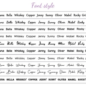 May include: A chart showing 10 different font styles for the names Luna, Bella, Whiskey, Copper, Jenny, Sunny, Oliver, Mabel, Rocky, and Grimme. The font styles range from cursive to bold and all caps.