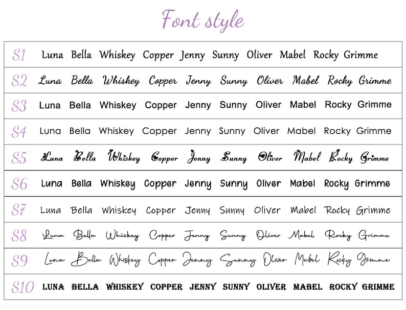 May include: A chart showing 10 different font styles for the names Luna, Bella, Whiskey, Copper, Jenny, Sunny, Oliver, Mabel, Rocky, and Grimme. The font styles range from cursive to bold and all caps.