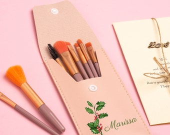 Custom Name Travel Makeup Brushes Set,Personalized Makeup Pouch Brush Kit,Birth Flower Makeup Brushes with Name,Brush Tools,Mom Gift