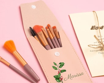 Custom Name Travel Makeup Brushes Set,Personalized Makeup Pouch Brush Kit,Birth Flower Makeup Brushes with Name,Brush Tools,Mom Gift